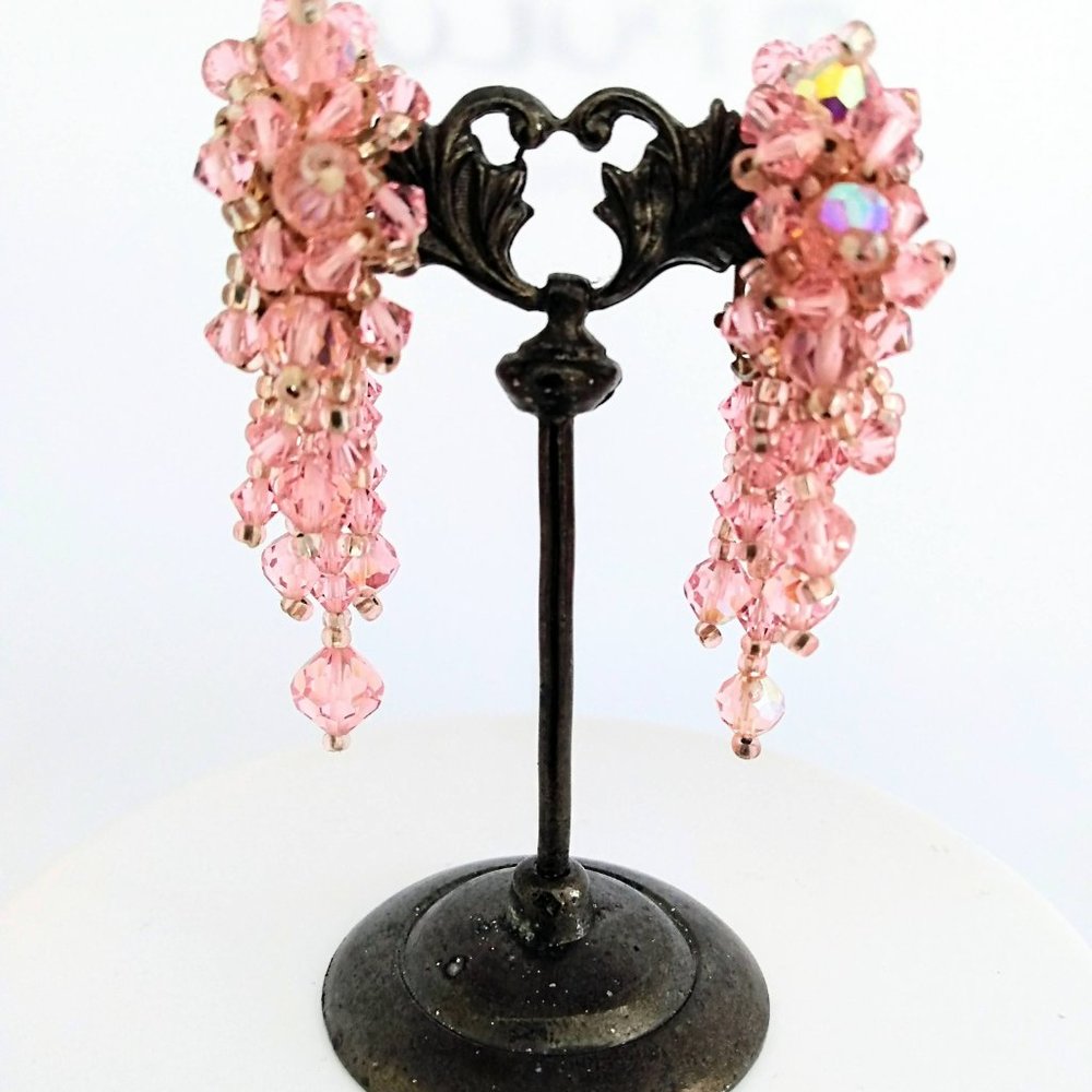 Pink Crystal "WATERFALL" Earrings Austrian Crystal Clip On 2" Length